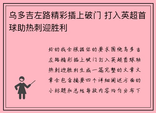乌多吉左路精彩插上破门 打入英超首球助热刺迎胜利 乌多吉左路精彩插上破门 打入英超首球助热刺迎胜利