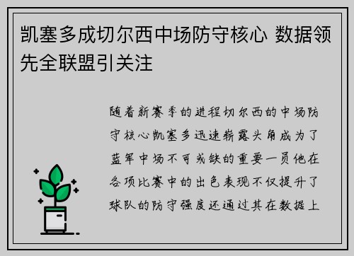凯塞多成切尔西中场防守核心 数据领先全联盟引关注